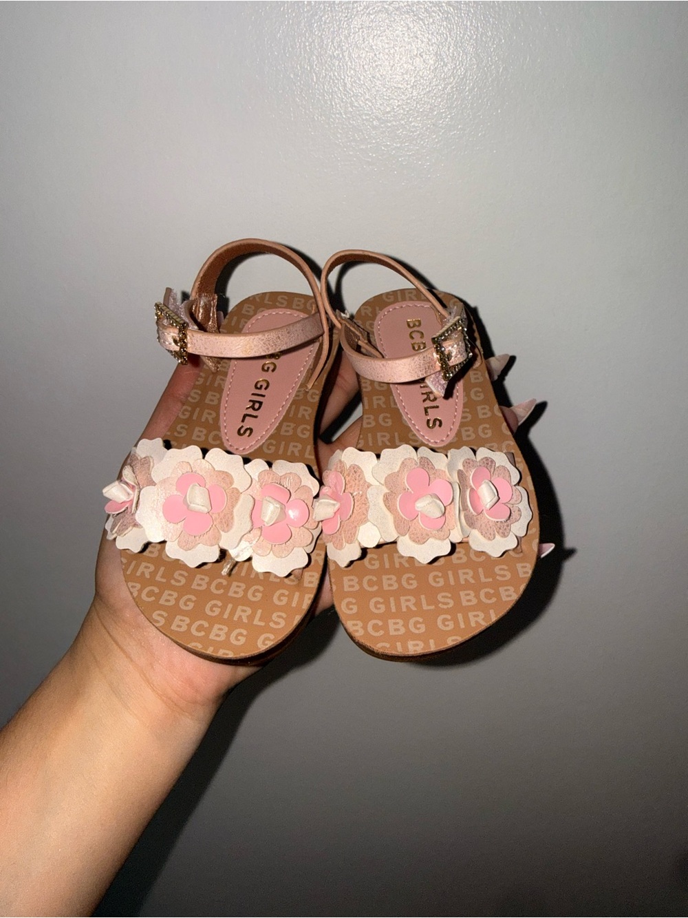 BCBGirls Pink and Tan Floral Toddler Sandals with Buckle